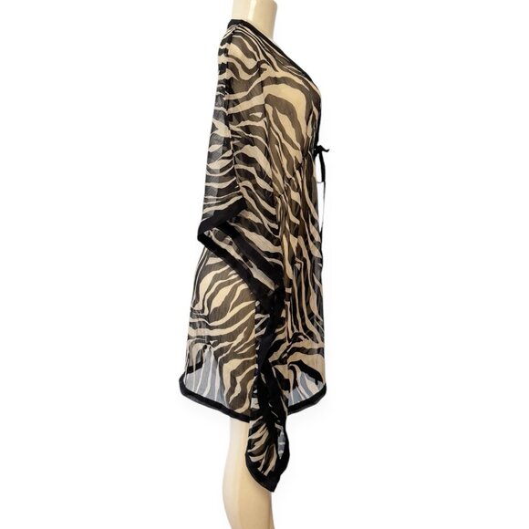 Club Z Zebra Animal Print Cover Up‎ Beach Swim Pool Tunic Tie Open Sheer Kimono - Picture 5 of 9